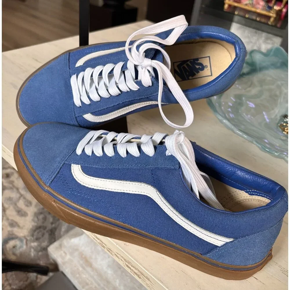 Vans Old Skool Blue Canvas Skate Shoes with White Stripe & Gum Sole Sz 10